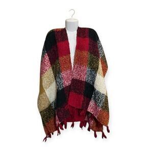 Quagga Women's Red, Gray, Tan, Black Checkered Oversized Shawl/ Cape One Size